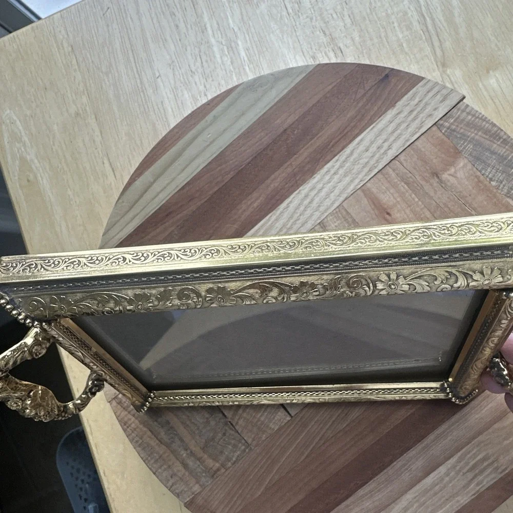 Vintage Picture Vanity Tray 8.5 Inch‎ Handles Velvet Gold Plate Ornate Flowers